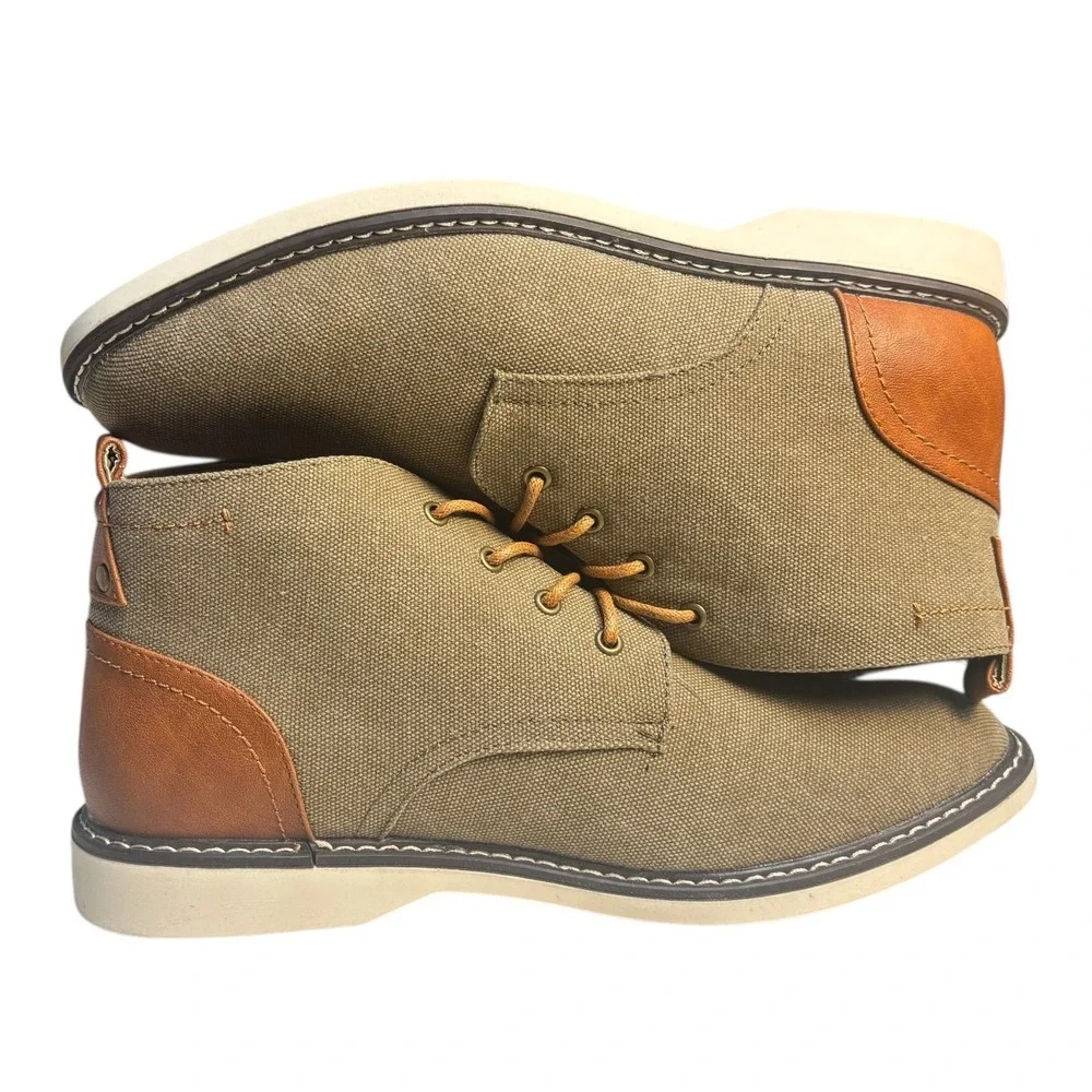 London Fog Canvas Chukka Ankle Desert Boots Shoes Tan Brown Leather Trim Men's 1